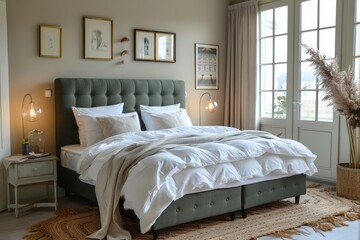 Scandinavian-style bedroom with soft grey fabric boxspring, white linen sheets, green wooden frame, and neutral-colored walls and carpet flooring.