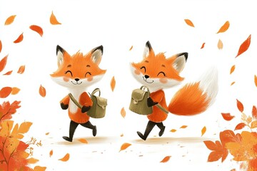 Fototapeta premium Two young foxes, each with small satchels, happily trotting on a path toward school.