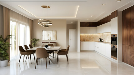 Fototapeta premium Contemporary apartment kitchen and dining room interior design