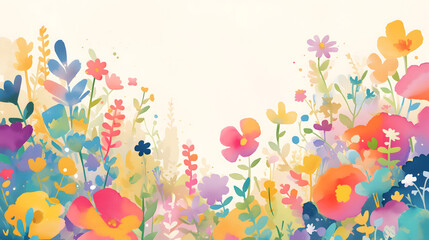Cute watercolor card with colorful flower meadow over white backdrop. Beautiful childish simple floral spring summer wallpaper with copy space for text.