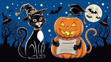 Black cat and a jack o lantern are smiling under a starry night, a funny illustration for halloween projects