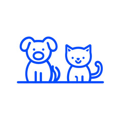 Dog and cat minimalist  linear outline blue icon isolated on white background. Home pets, Veterinary clinic Logo.