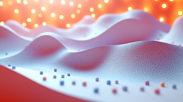A minimalist 3D papercraft scatter plot, small paper dots of different sizes and colors scattered across a raised paper grid, glowing ambient light, realistic shadows, intricate paper bead textures,