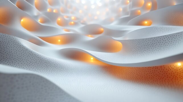 A minimalist 3D papercraft scatter plot, small paper dots of different sizes and colors scattered across a raised paper grid, glowing ambient light, realistic shadows, intricate paper bead textures,