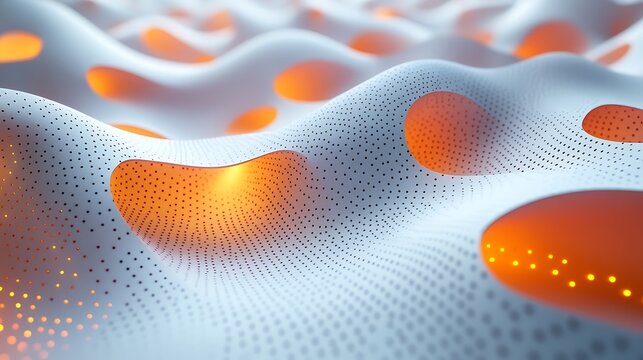 A minimalist 3D papercraft scatter plot, small paper dots of different sizes and colors scattered across a raised paper grid, glowing ambient light, realistic shadows, intricate paper bead textures,