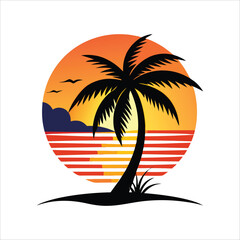 Naklejka premium Silhouette of tropical island with coconut tree and sunset isolated on white background