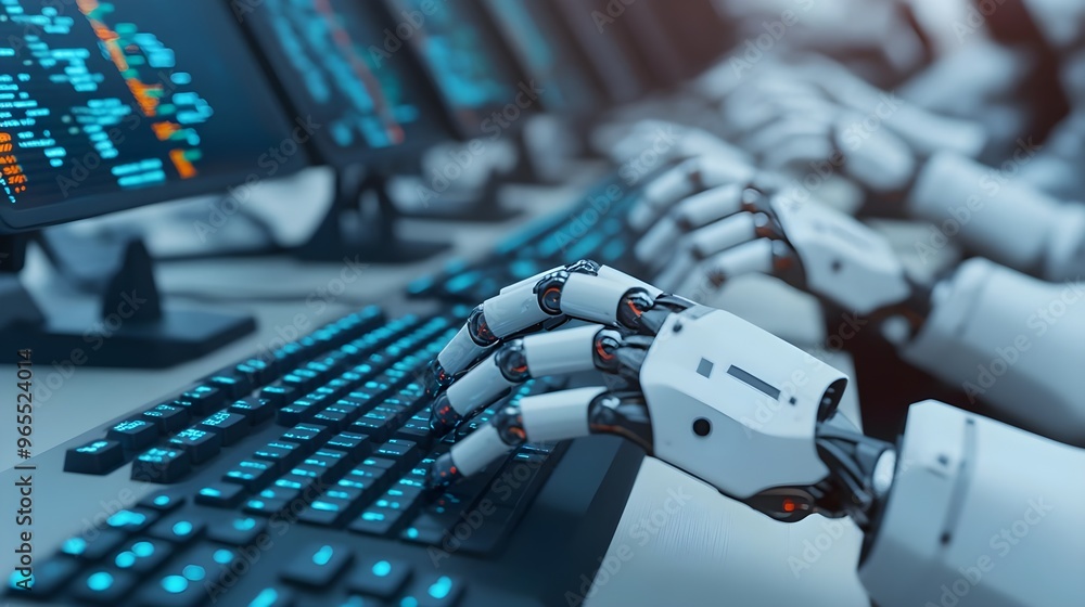 Poster robotic hands typing on keyboard - ai technology, automation
