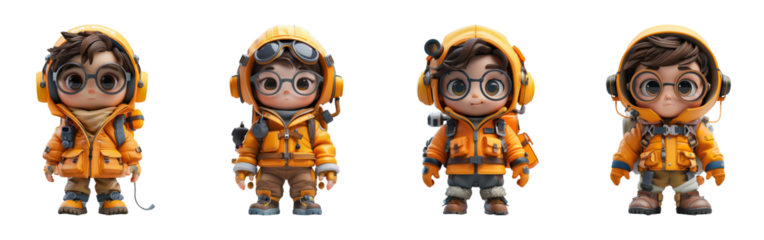 set of little people in yellow jackets with glasses and backpacks on transparent background PNG