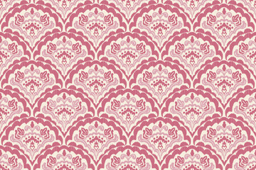 Ikat ethnic seigaiha fabric fish scales seamless pattern on background. geometric fish scales Seigaiha. for design ethnic seigaiha pattern fashion fabric design carpet, clothing, wrapping, wallpaper © Suttiwat