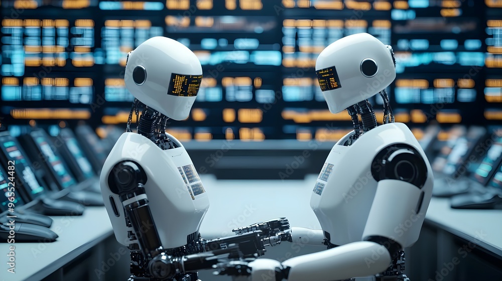 Poster two robots interacting in a futuristic control room