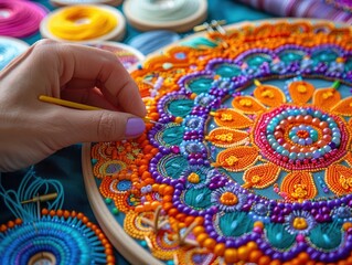 A hand placing beads into a mandala design on fabric, with embroidery hoops, needles, and vibrant threads laid out neatly on a clear table.