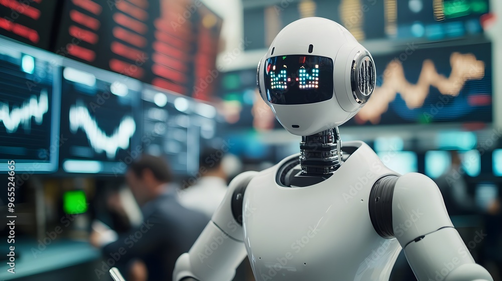 Poster white robot ai in a futuristic tech stock exchange