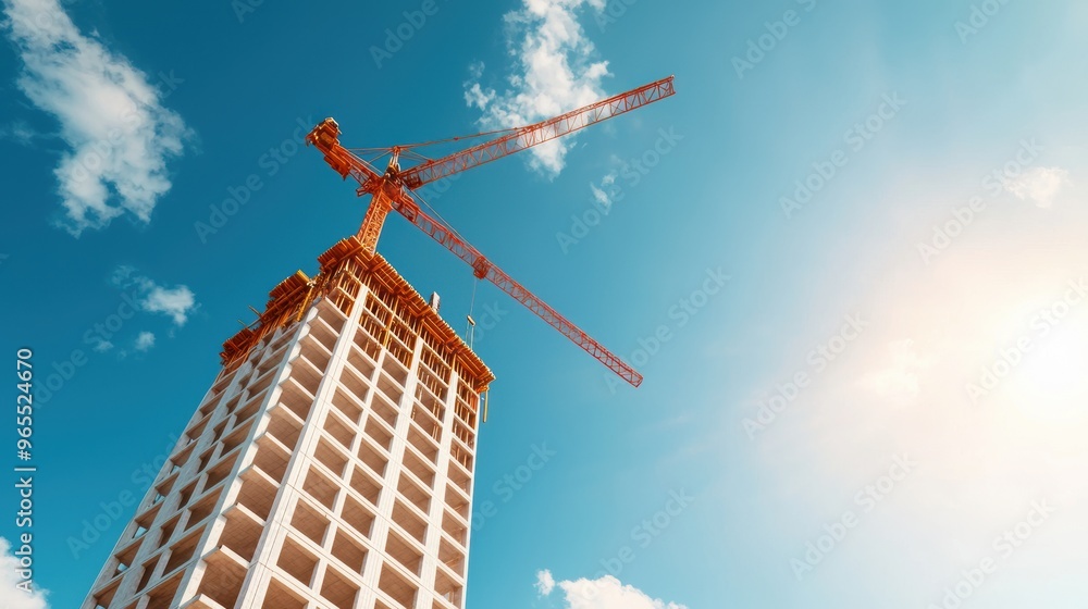Poster futuristic earthquake-resilient skyscraper construction in with copy space and selective focus -