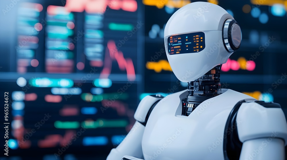 Poster white robot ai looking at data on screens