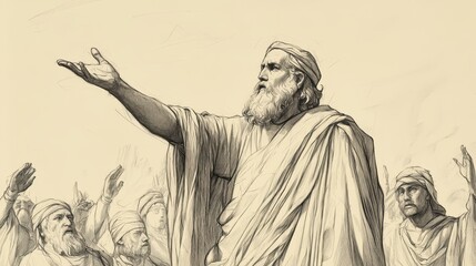 Fototapeta premium Biblical Illustration: Moses addressing the Israelites, emphasizing the importance of renewing their covenant with God. Deuteronomy scene, beige background, ideal for Bible wall art.