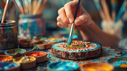 A hand holding a paintbrush, adding colorful details to a wooden mandala coaster, with brushes, paints, and crafting tools arranged on a clean surface.