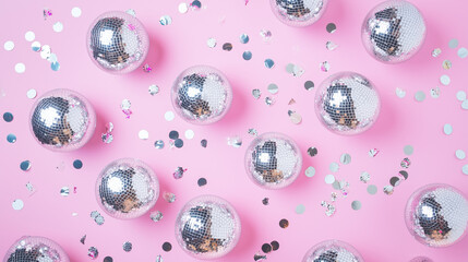 flat lay many silver shiny disco balls and holographic confetti on a pastel purple background banner/design/website