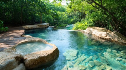 Naklejka premium A natural spring with mineral water flowing over rocks, surrounded by lush vegetation