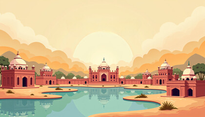 Hindi Diwas Concept with Cultural Monuments and Hindi Alphabet Elements