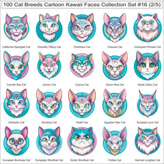 Obraz premium Cat Breeds Cartoon Kawaii Faces Collection Set of 100 Cat Faces Isolated Part 2