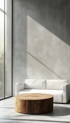 Minimalist Living Room Interior with White Sofa and Wooden Coffee Table, 3D Rendering