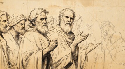 Fototapeta premium Biblical Illustration: Moses urging faithfulness, recounting ancestors' rebellions. Deuteronomy scene, beige background, ideal for Bible wall art.