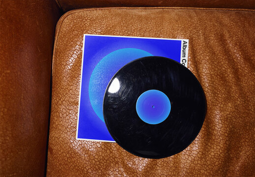 Mockup Of Customizable Lp Record Album Cover And Label On Leather Couch