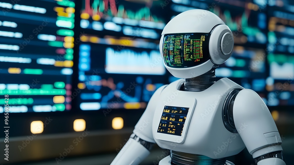Poster white robot with data screens ai technology future