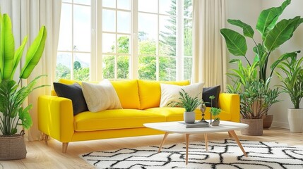 Bright yellow couch in a modern white living room interior with lots of green plants. Natural light.