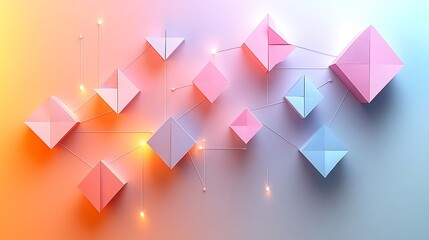 Obraz premium A modern 3D papercraft flowchart, pastel-colored paper shapes (rectangles, diamonds) connected by thin raised arrows, glowing light casting shadows, clean minimalist backdrop,