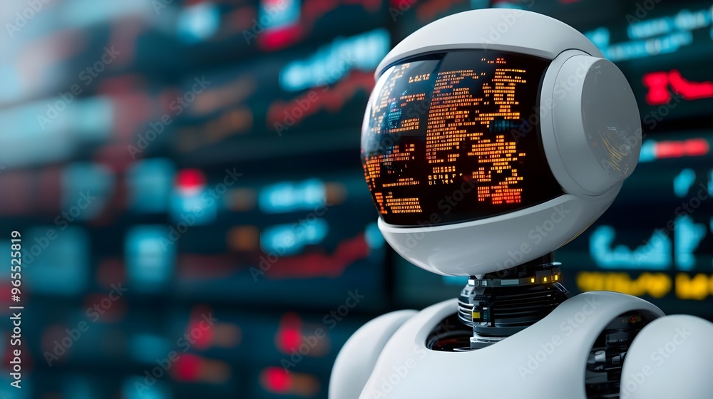 Poster white robot with orange digital display in front of stock market data