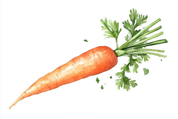 A vibrant orange carrot with green leafy tops, beautifully illustrated in watercolor style, showcasing its natural freshness and detail.