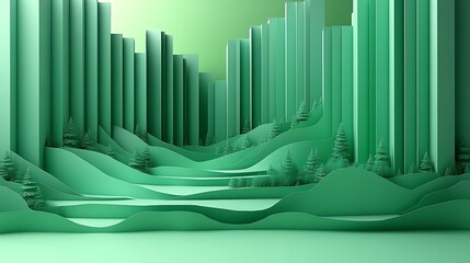Obraz premium A modern 3D papercraft histogram, vertical bars of paper with varying heights, shades of green layered for depth, soft lighting enhancing shadows, intricate paper folds, clean and minimal background,