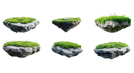 Set of 3D renderings of floating islands with grass. Isolated on white background.
