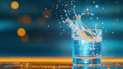 A close-up shot of mineral water splashing into a glass, capturing the motion of the liquid