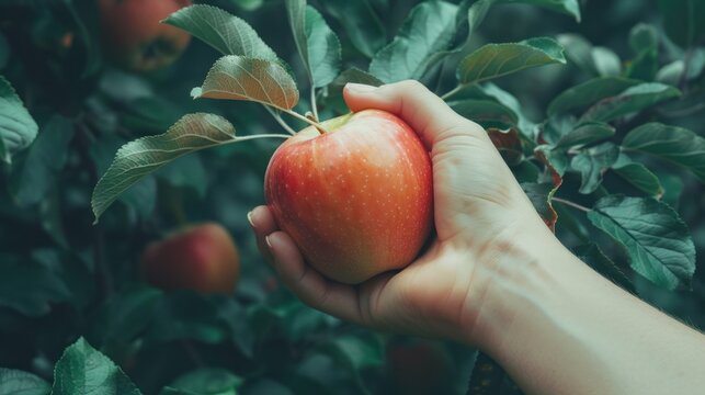 A hand holding a red apple in a green apple orchard. The apple is ripe and ready for picking. - Powered by Adobe