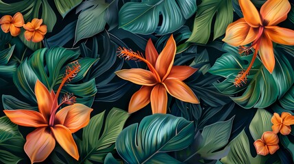 A vibrant tropical pattern featuring orange flowers and lush green leaves.