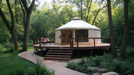 A white yurt with a wooden deck and steps, surrounded by lush green foliage and trees in the woods.