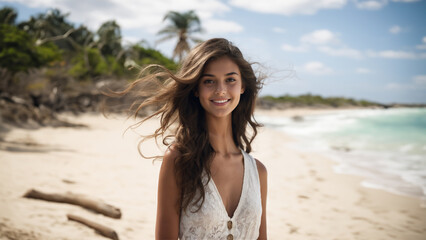 A beautiful brunette with a playful spirit looks directly at the camera, her eyes sparkling with joy. Her natural makeup and effortless style make her the ideal model for cosmetic and skincare
