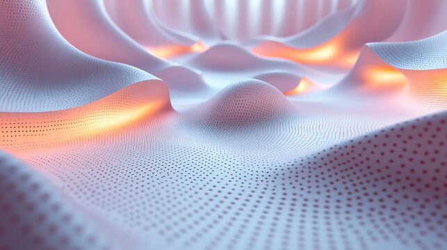 A modern 3D papercraft scatter plot, pastel paper dots in varying sizes placed on a raised grid, subtle shadows and glowing light, intricate paper bead textures, minimalist setting,