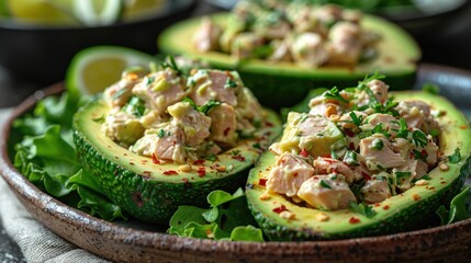 Beautifully arranged keto-friendly snack of avocado halves filled with tuna salad, served on a stylish plate.