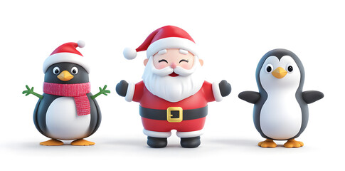 Fototapeta premium Santa Claus, snow man and penguin Christmas 3d cartoon characters set