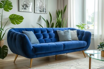 Fototapeta premium Light blue velvet sofa with wooden legs and armrests, surrounded by accessories including coffee table, side tables, mirrors, vases, and plants in a bright interior with natural lighting.