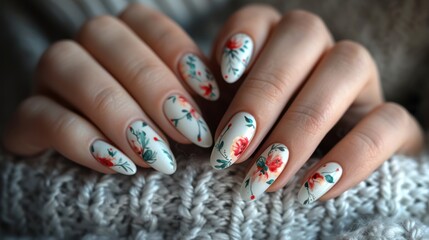 A woman holds a knitted piece of fabric in her hands, showing off her nails with a floral pattern.