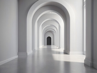 Obraz premium 3d rendering. Arch hallway simple geometric background, architectural corridor, portal, arch columns inside empty wall. Modern minimal concept