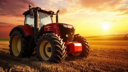 Obraz premium Tractor glowing in the golden sunset over a tranquil farm landscape in autumn