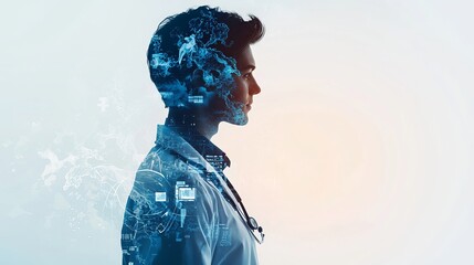 Male doctor in profile with integrated digital technology, illustrating the future of medical science