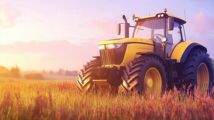 Obraz premium Golden tractor in a sunlit field during the golden hour of early evening