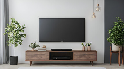 Create a mockup of a TV wall mounted in a living area with décor