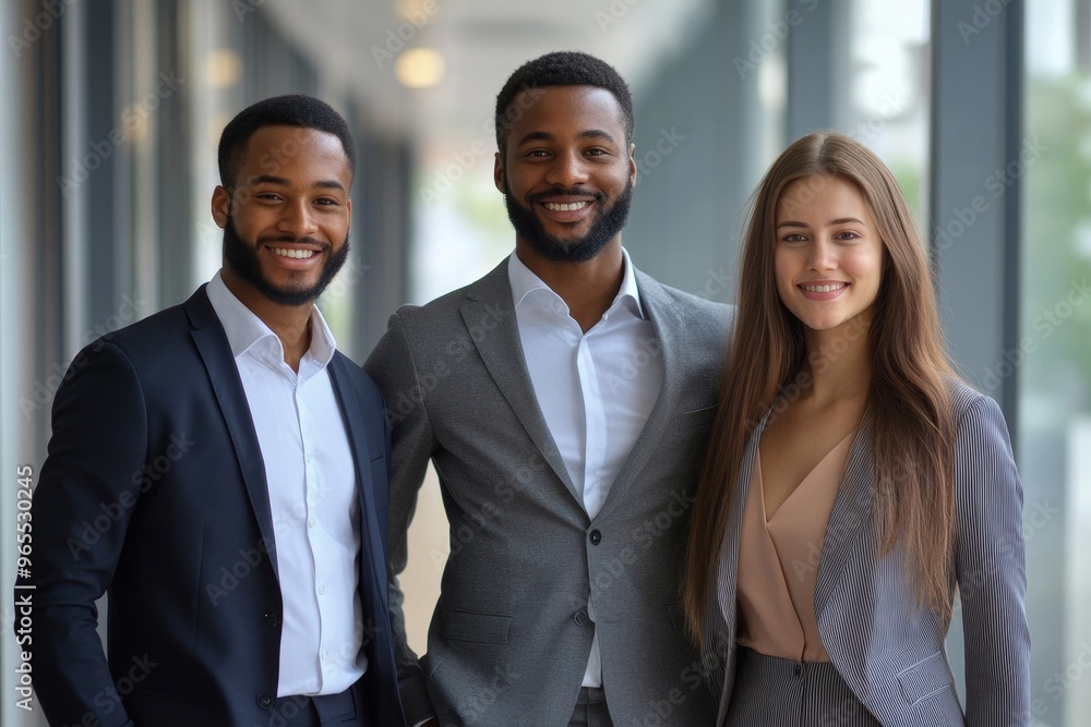 Wall mural happy cheerful business people posing in office hallway. three multiethnic workers in formal suits s